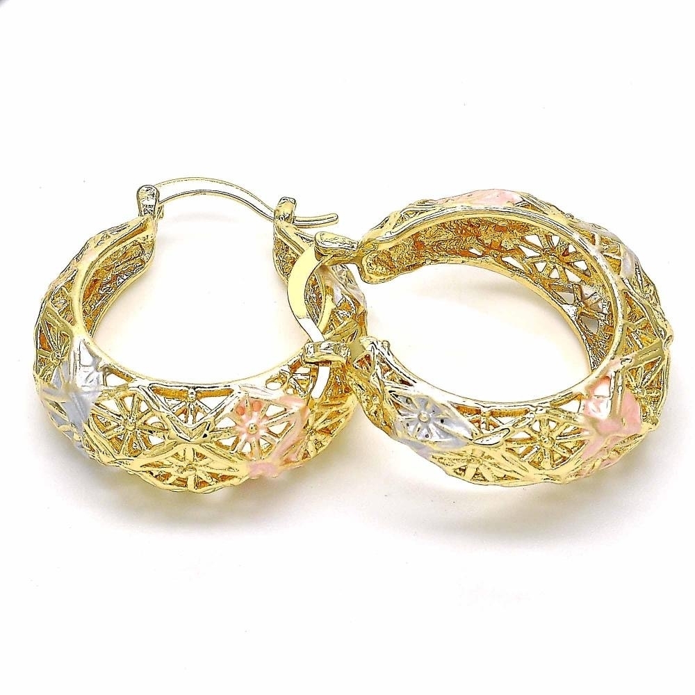 18K Gold Filled High Polish Finsh Diamond Cut Fancy Filigree Hoop Earrings Textured Tri-Gold Hoop Earrings 40mm