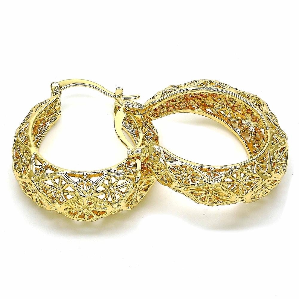 18K Gold Filled High Polish Finsh Diamond Cut Fancy Filigree Hoop Earrings Textured Gold Hoop Earrings