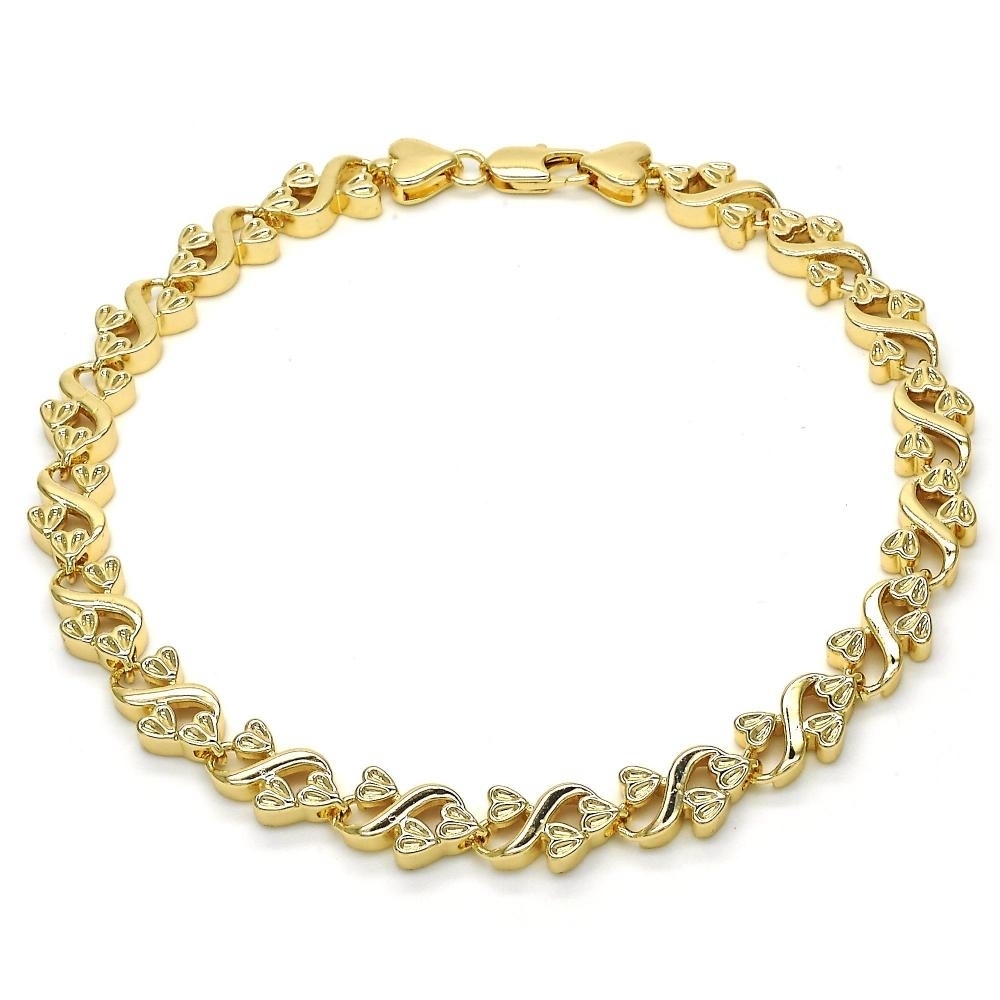 18K Gold Filled High Polish Finsh X Heart Flat Ankle Bracelet 10''