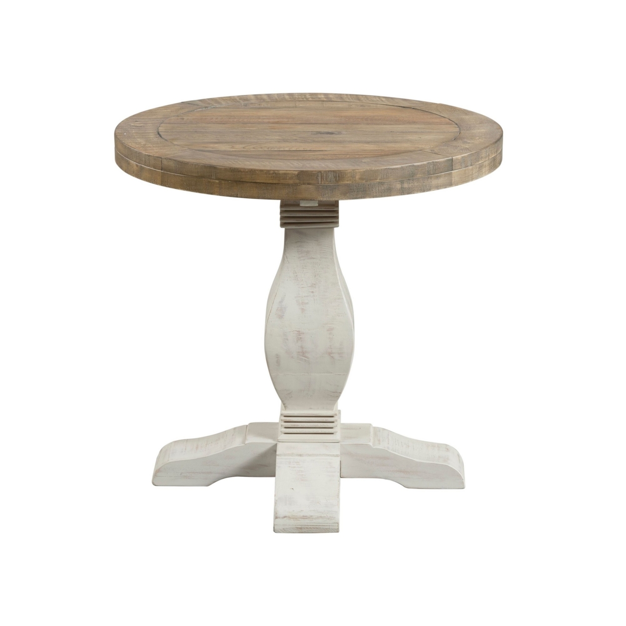 26 Inch Round End Table With Pedestal Base, Brown And White- Saltoro Sherpi