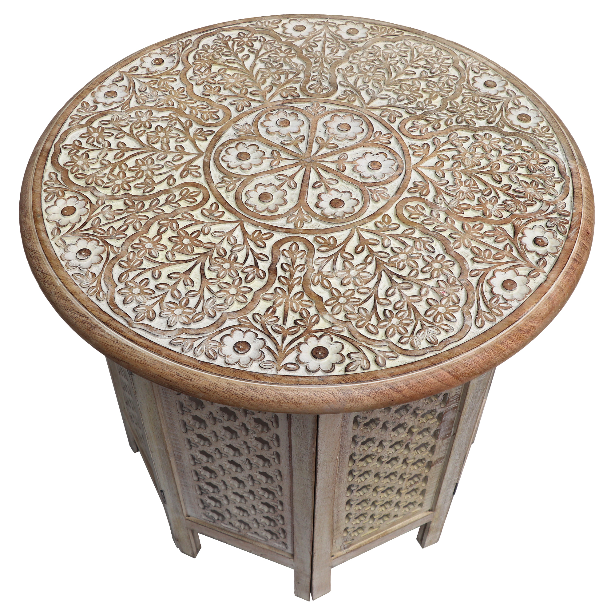 Mesh Cut Out Carved Mango Wood Octagonal Folding Table With Round Top, Antique White And Brown- Saltoro Sherpi