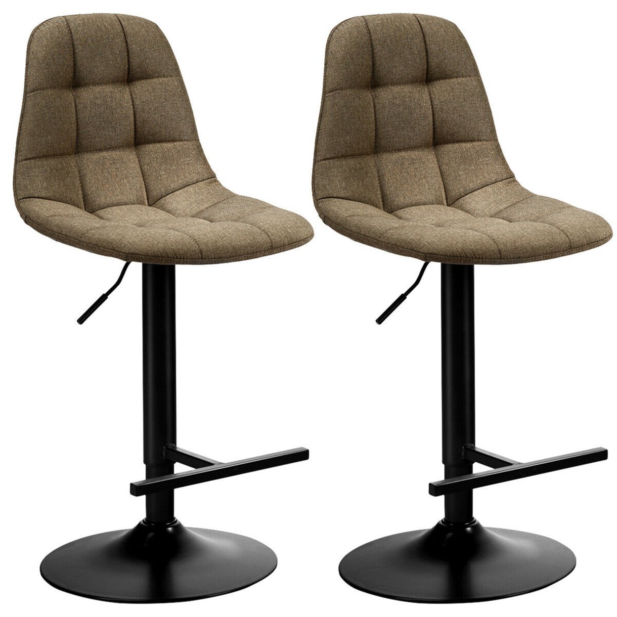 Set Of 2 Adjustable Bar Stools Swivel Counter Height Linen Chairs With Back Brown