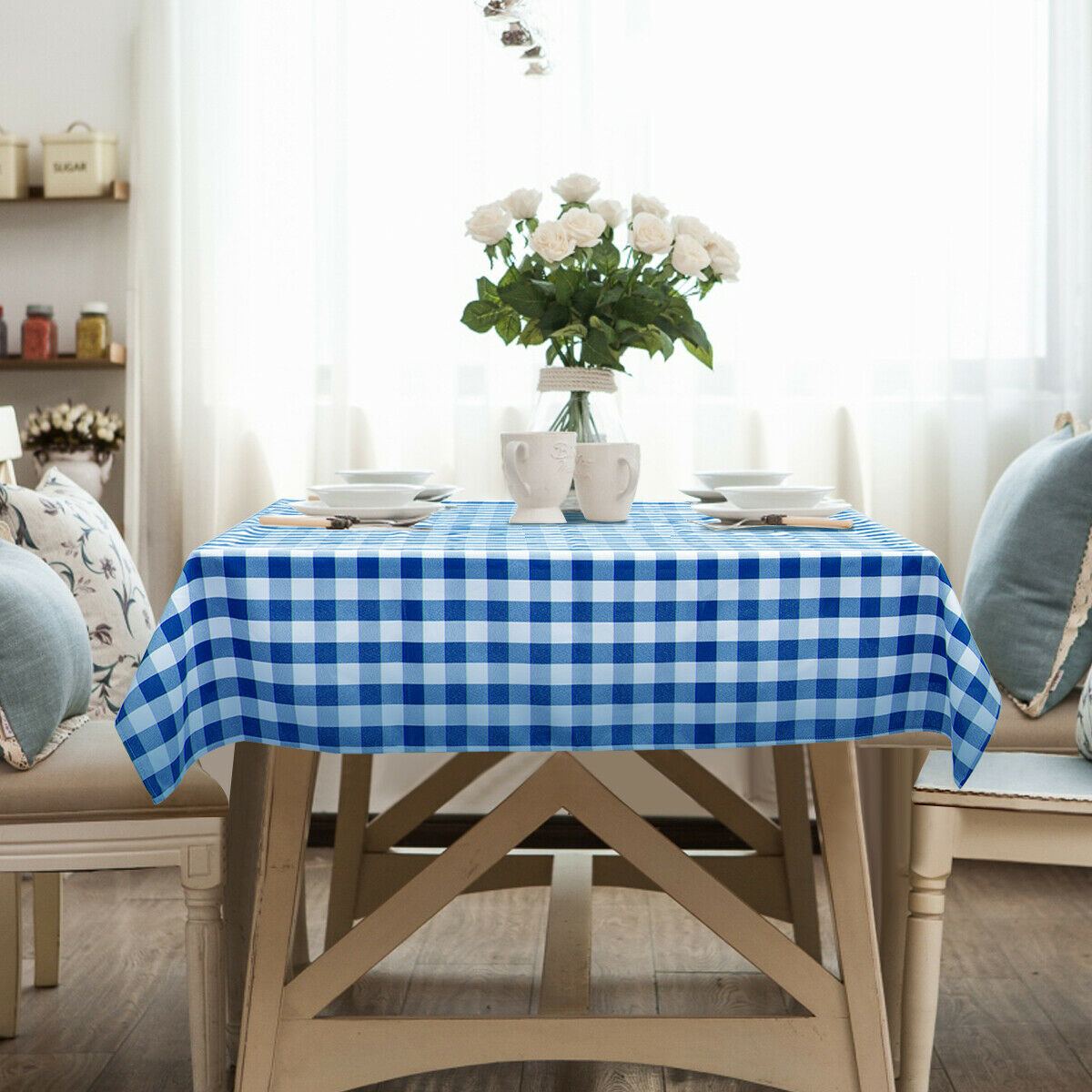 10Pcs 52x52 Square Polyester Plaid Tablecloth Blue & White Checker Dinner