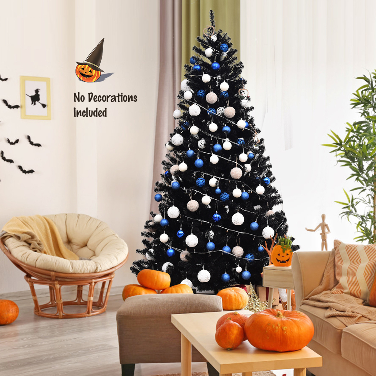 7.5FT Artificial Halloween Christmas Tree Hinged Pine Tree Holiday Decoration Black
