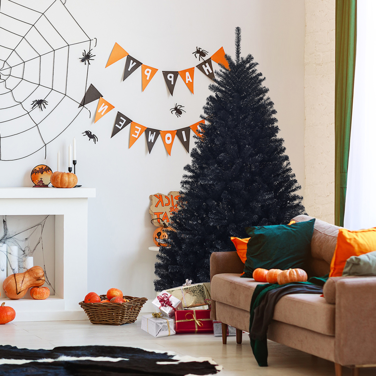 6FT Artificial Halloween Christmas Tree Hinged Pine Tree Holiday Decoration Black