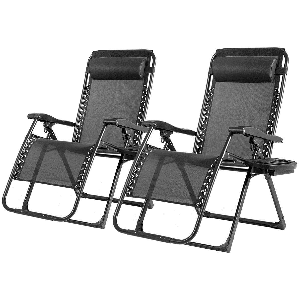2PCS Folding Zero Gravity Lounge Chair Recliner W/ Cup Holder Pillow - Black