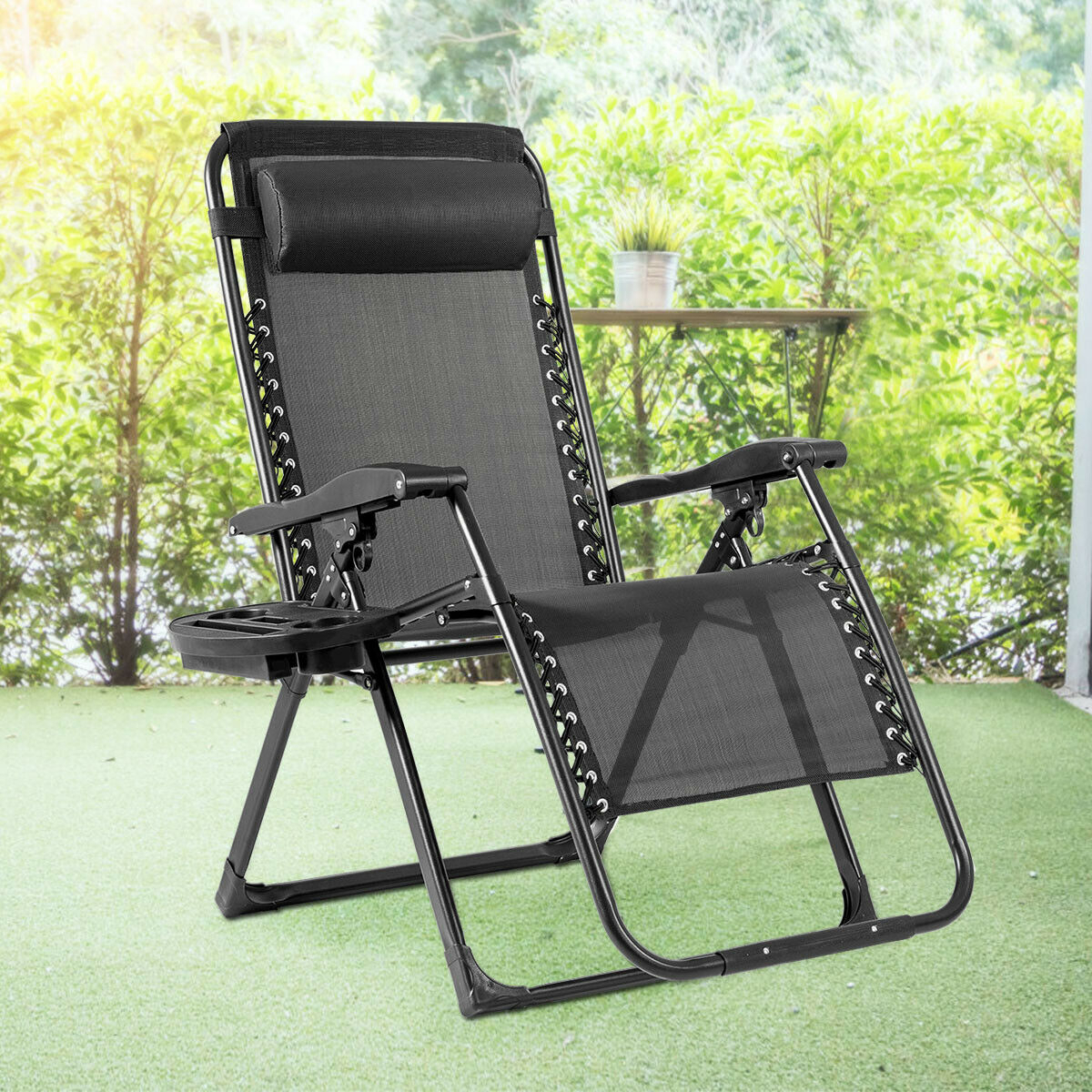 Gymax Folding Zero Gravity Lounge Chair Recliner W/ Cup Holder Tray Pillow - Black