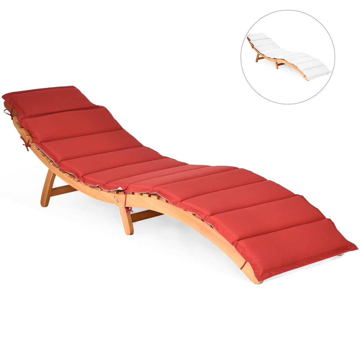 Outdoor Folding Chaise Eucalyptus Lounge Chair W/ Double-sided Cushion