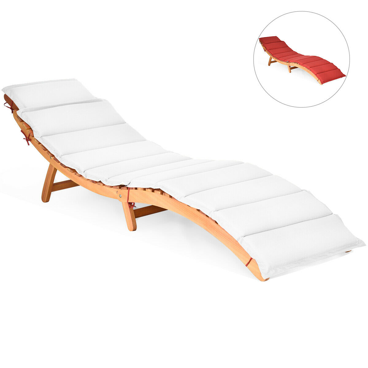 Outdoor Folding Chaise Eucalyptus Lounge Chair W/ Double-sided Cushion
