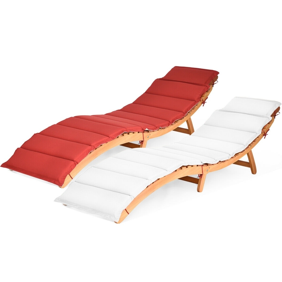 2PCS Outdoor Folding Chaise Eucalyptus Lounge Chair W/ Double-sided Cushion