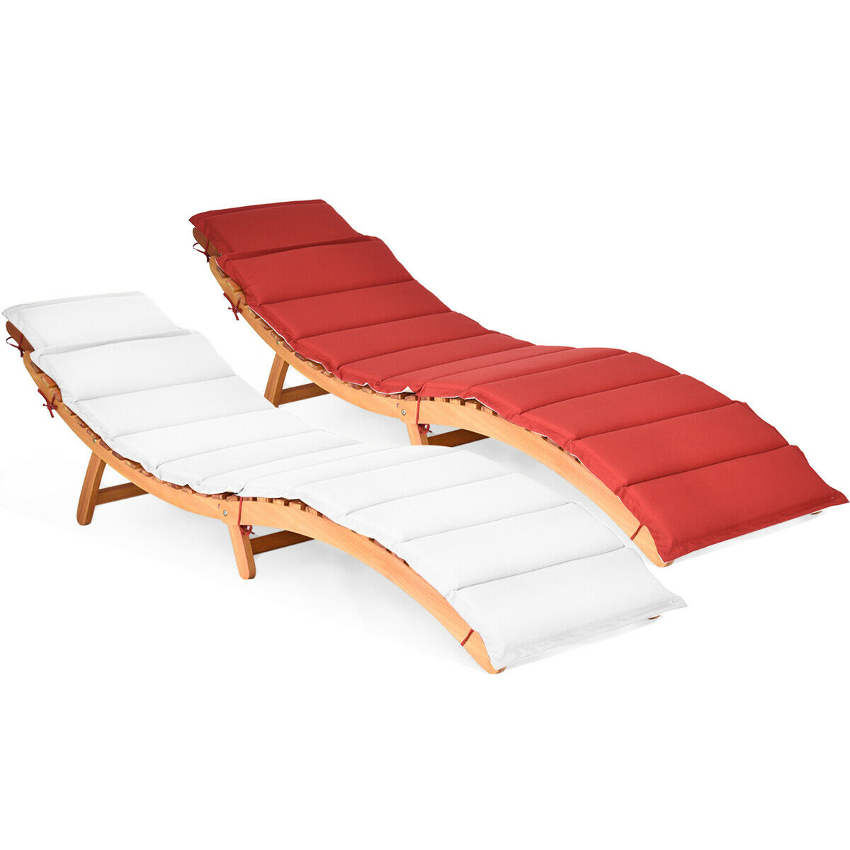 2PCS Outdoor Folding Chaise Eucalyptus Lounge Chair W/ Double-sided Cushion