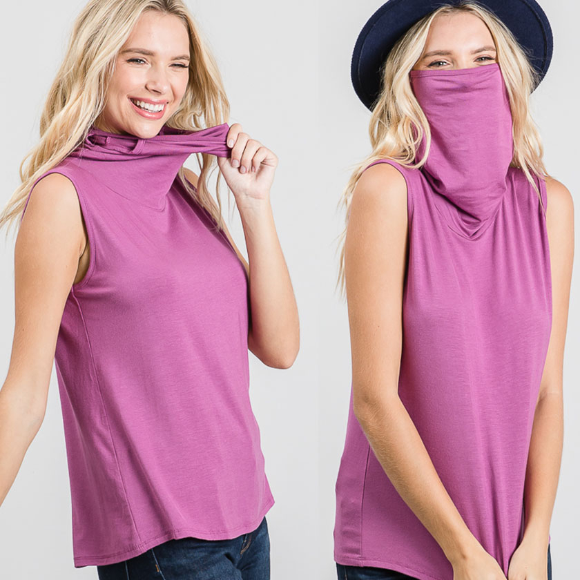 Sleeveless Convertible Cowl Neck Mask Top (Made In USA) - Lavender, Small