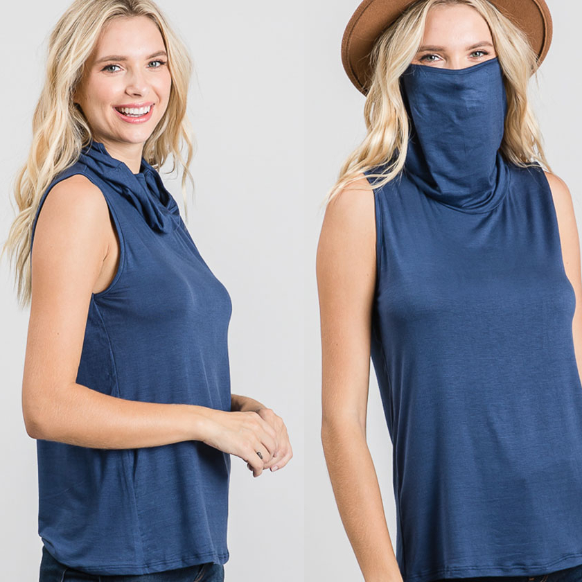Sleeveless Convertible Cowl Neck Mask Top (Made In USA) - Navy, Small