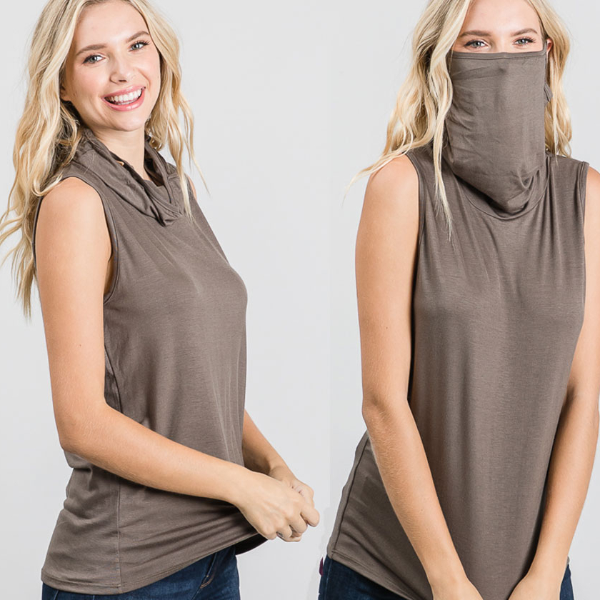 Sleeveless Convertible Cowl Neck Mask Top (Made In USA) - Olive, Medium
