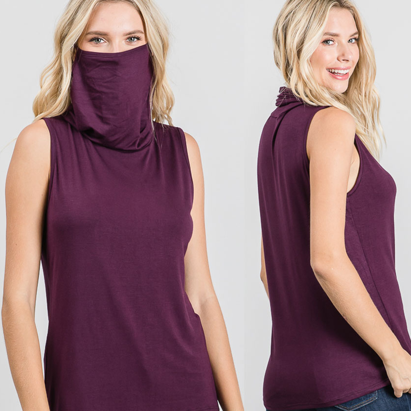 Sleeveless Convertible Cowl Neck Mask Top (Made In USA) - Plum, Small