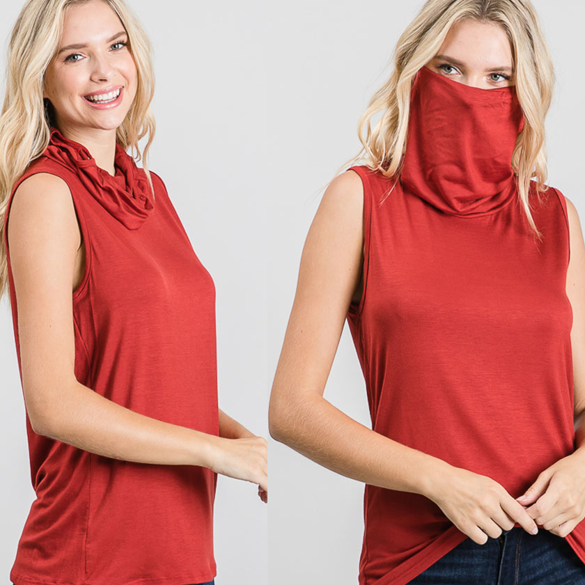 Sleeveless Convertible Cowl Neck Mask Top (Made In USA) - Rust, Small
