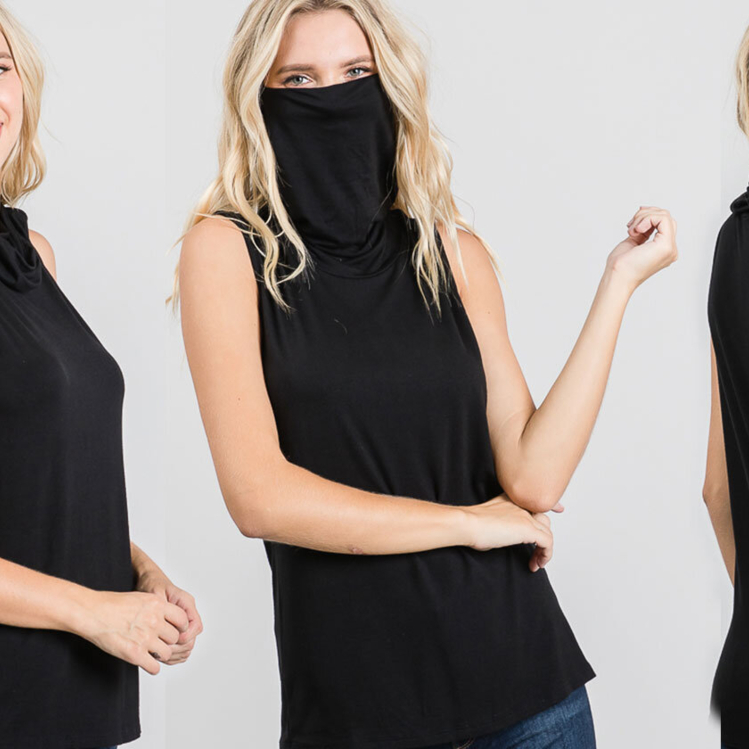 Sleeveless Convertible Cowl Neck Mask Top (Made In USA) - Black, Xlarge