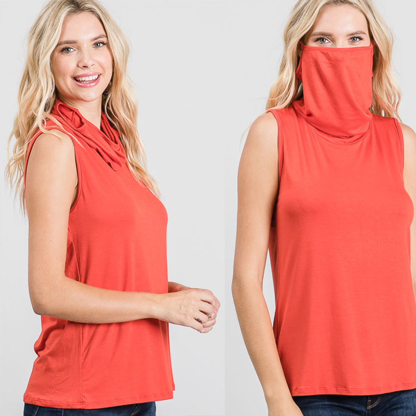 Sleeveless Convertible Cowl Neck Mask Top (Made In USA) - Coral, Large