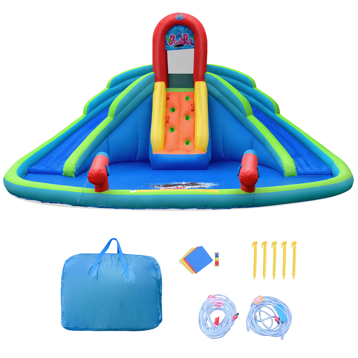 Inflatable Bounce House Water Park W/ Splash Pool Dual Slides Climbing Wall