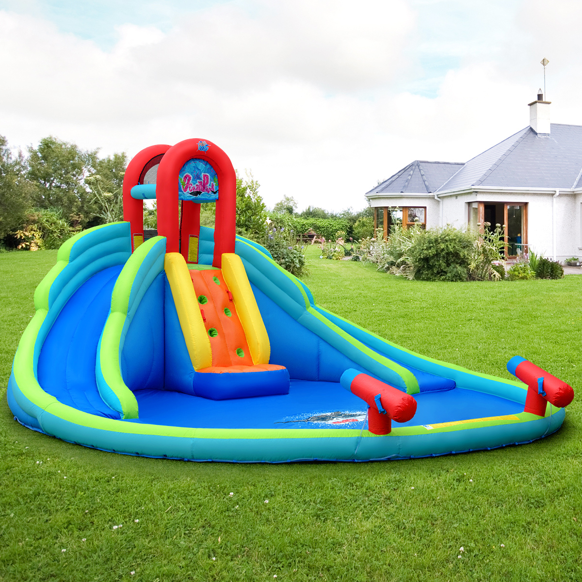 Inflatable Bounce House Water Park W/ Splash Pool Dual Slides Climbing Wall