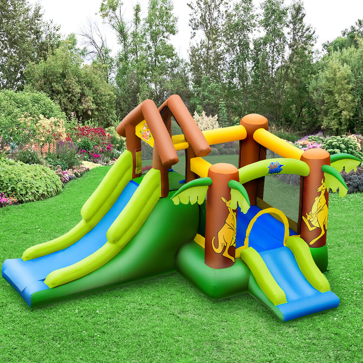 Inflatable Jungle Bounce House W/ Dual Slides Climbing Wall Jumping Area