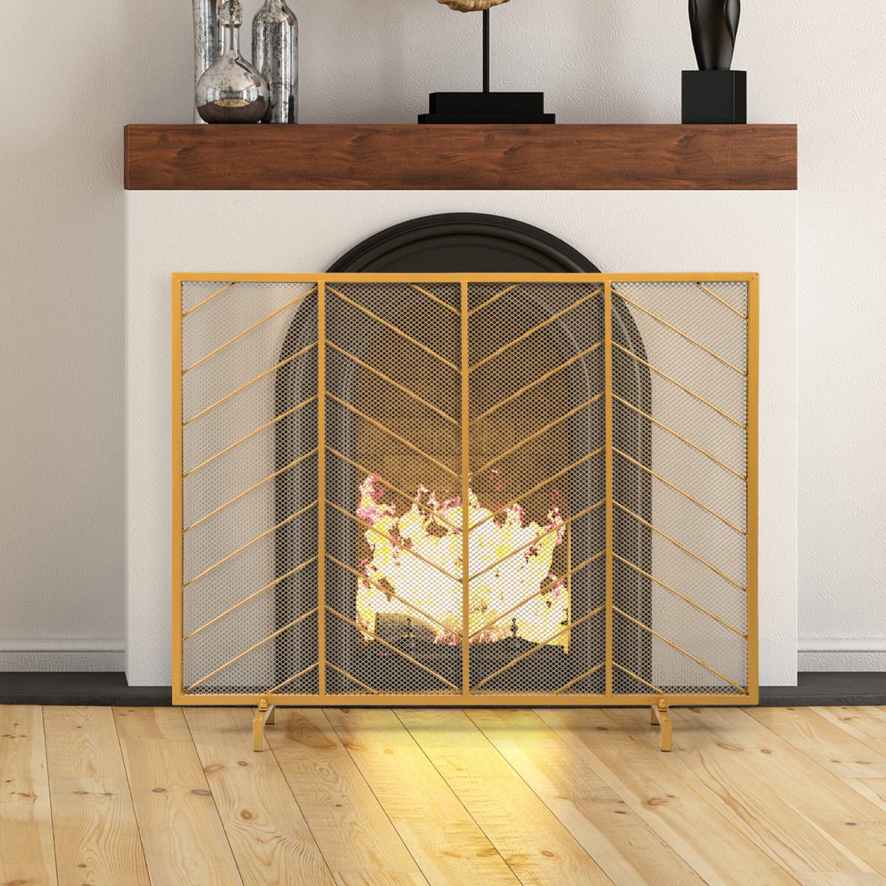 39''x31'' Single Panel Fireplace Screen Spark Guard Fence Chevron Gold Finish
