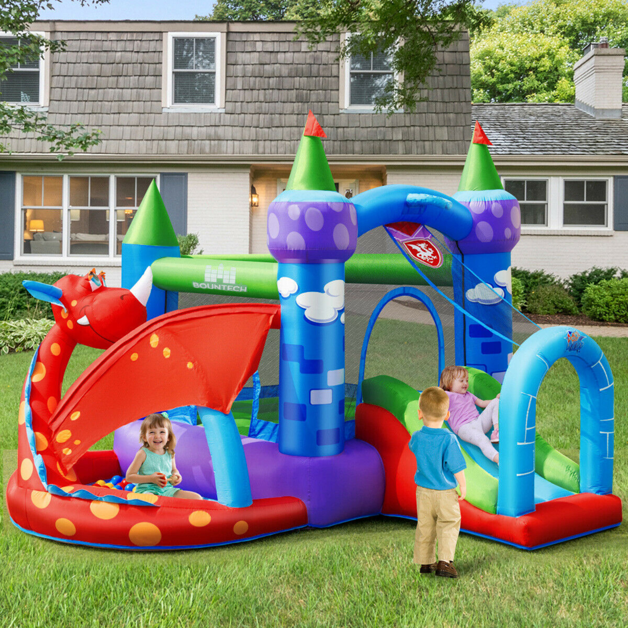 Kids Inflatable Bounce House Dragon Jumping Slide Bouncer Castle W/ 750W Blower