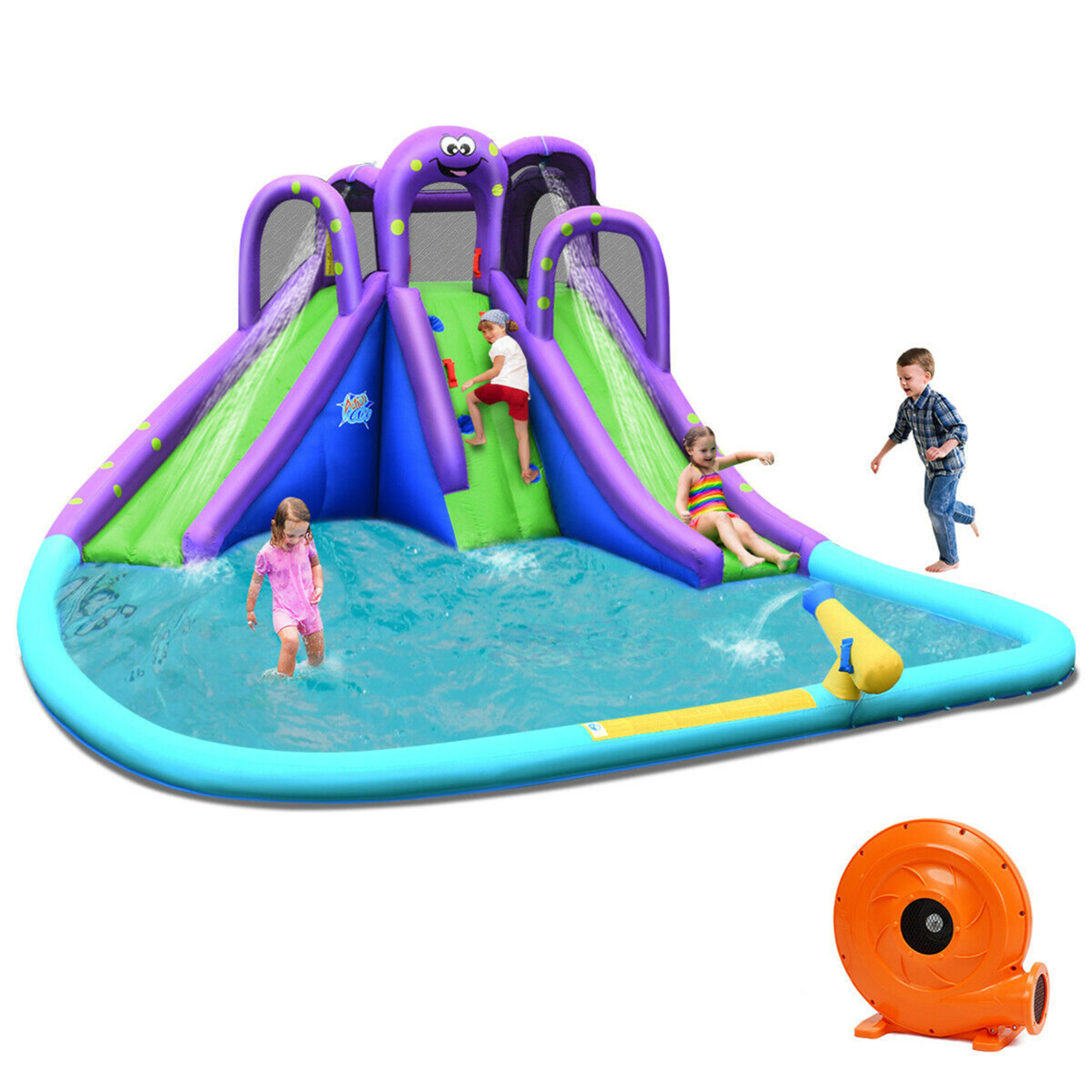 Inflatable Water Park Octopus Bounce House Dual Slide Climbing Wall W/ Blower