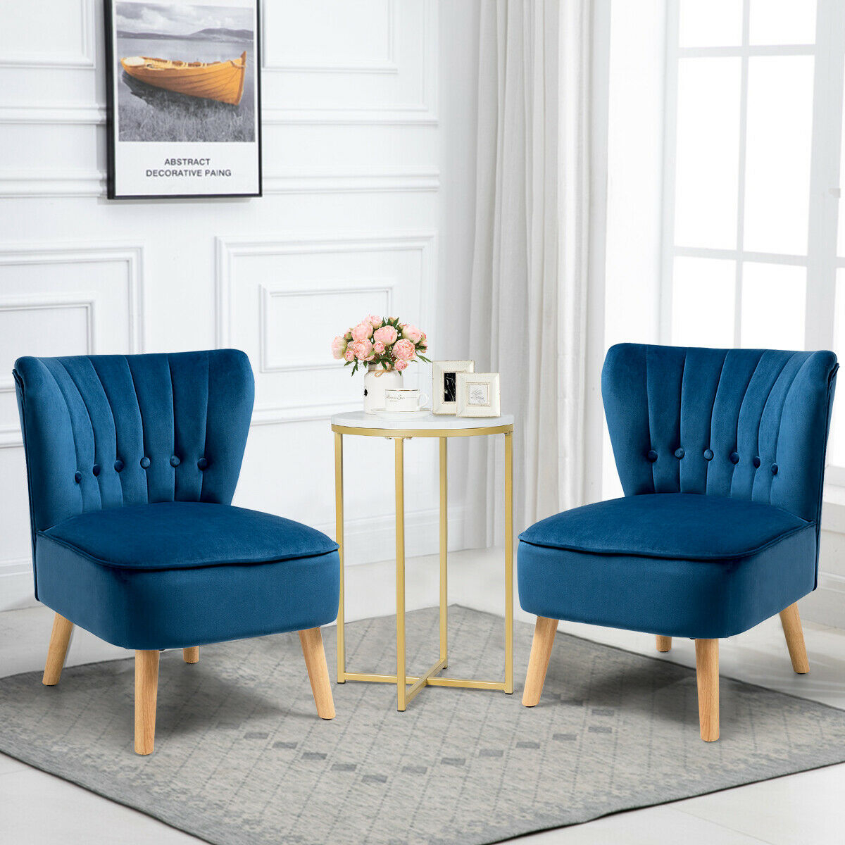 2PCS Accent Chair Armless Leisure Chair Single Sofa W/ Wood Legs Blue