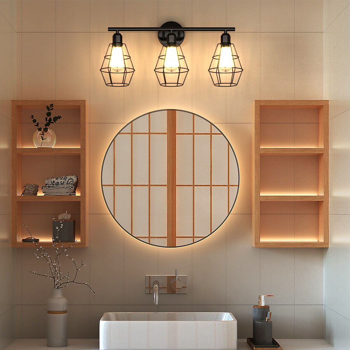 3-light Industrial Bathroom Vanity Cage Light Vintage Wall Lamp Sconces Hallway