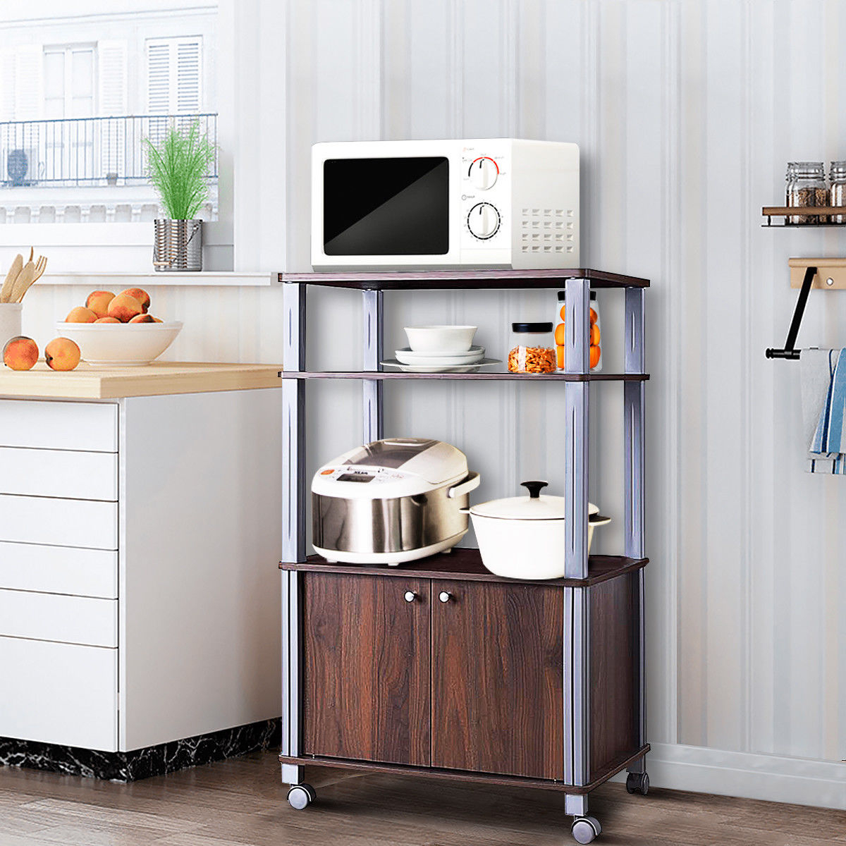 Bakers Rack Microwave Stand Rolling Storage Cart Multi-functional Display Walnut