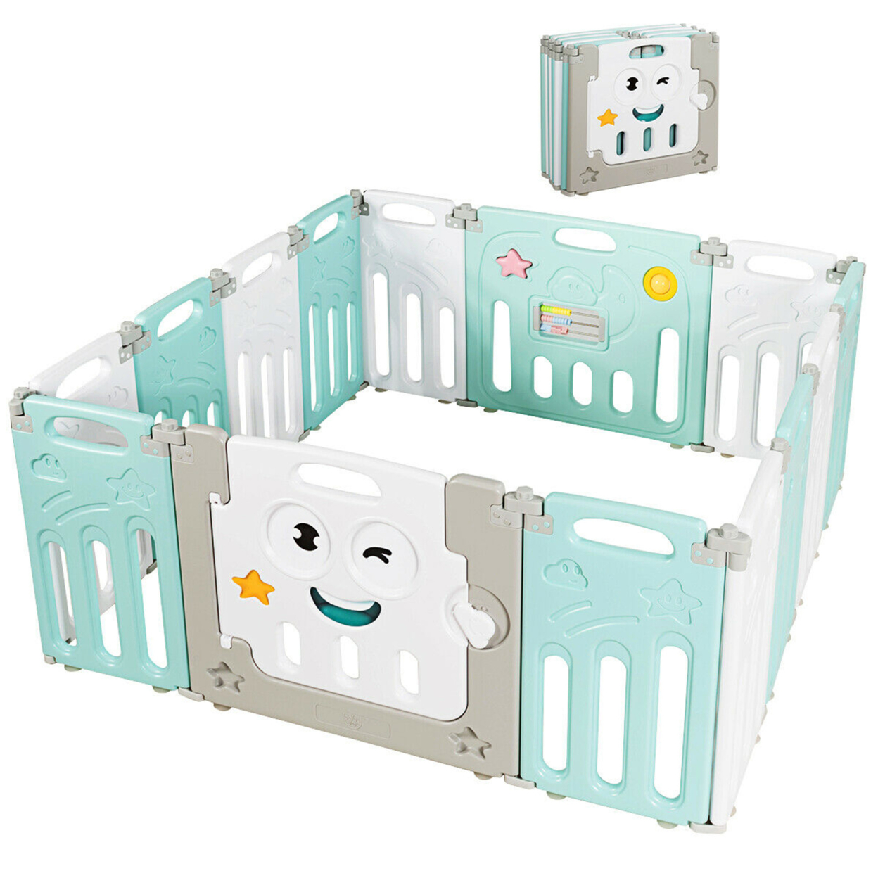 14-Panel Foldable Baby Playpen Kids Activity Centre W/ Rubber Mats & Lock Door