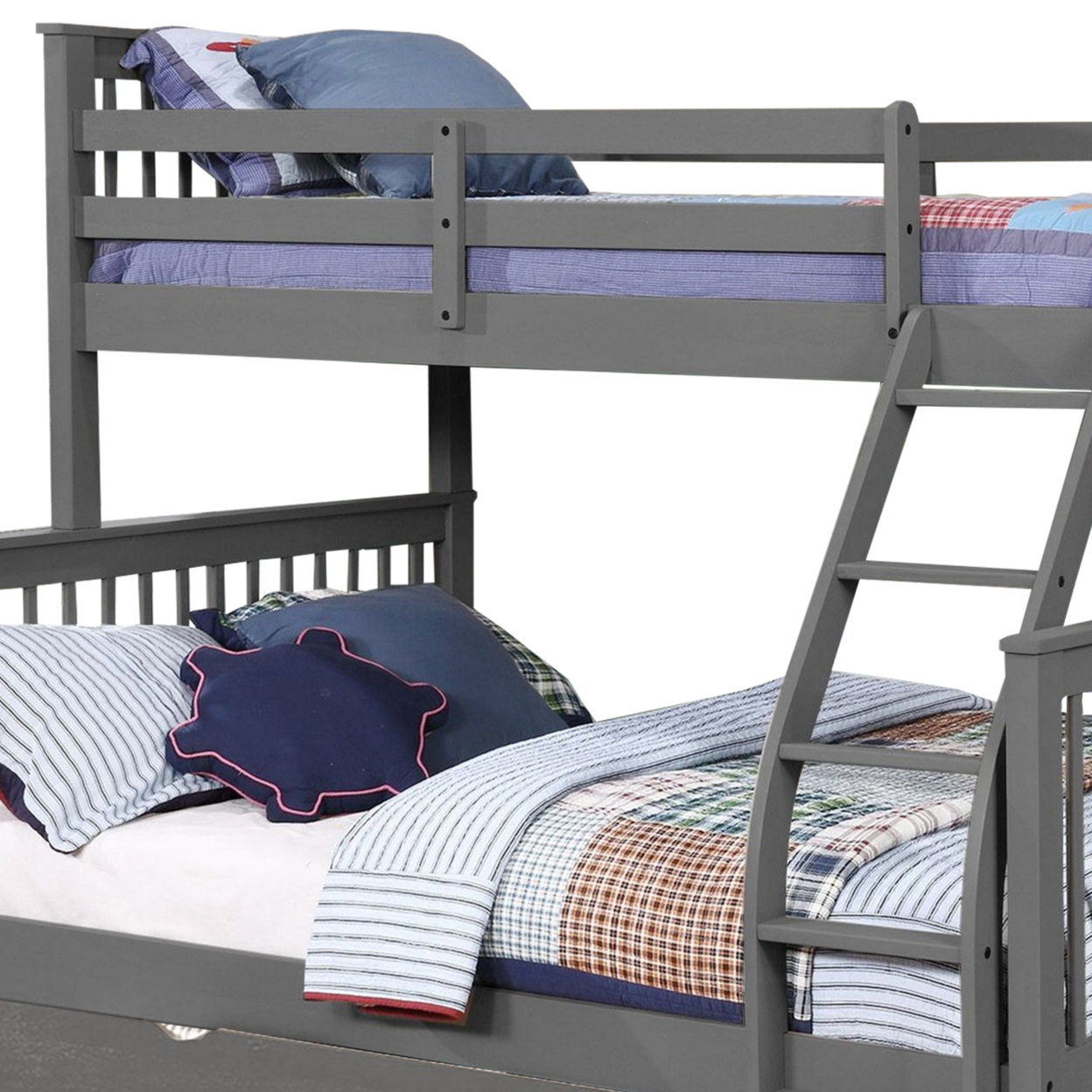 Mission Style Wooden Twin Over Full Bunk Bed With Attached Trundle, Gray- Saltoro Sherpi