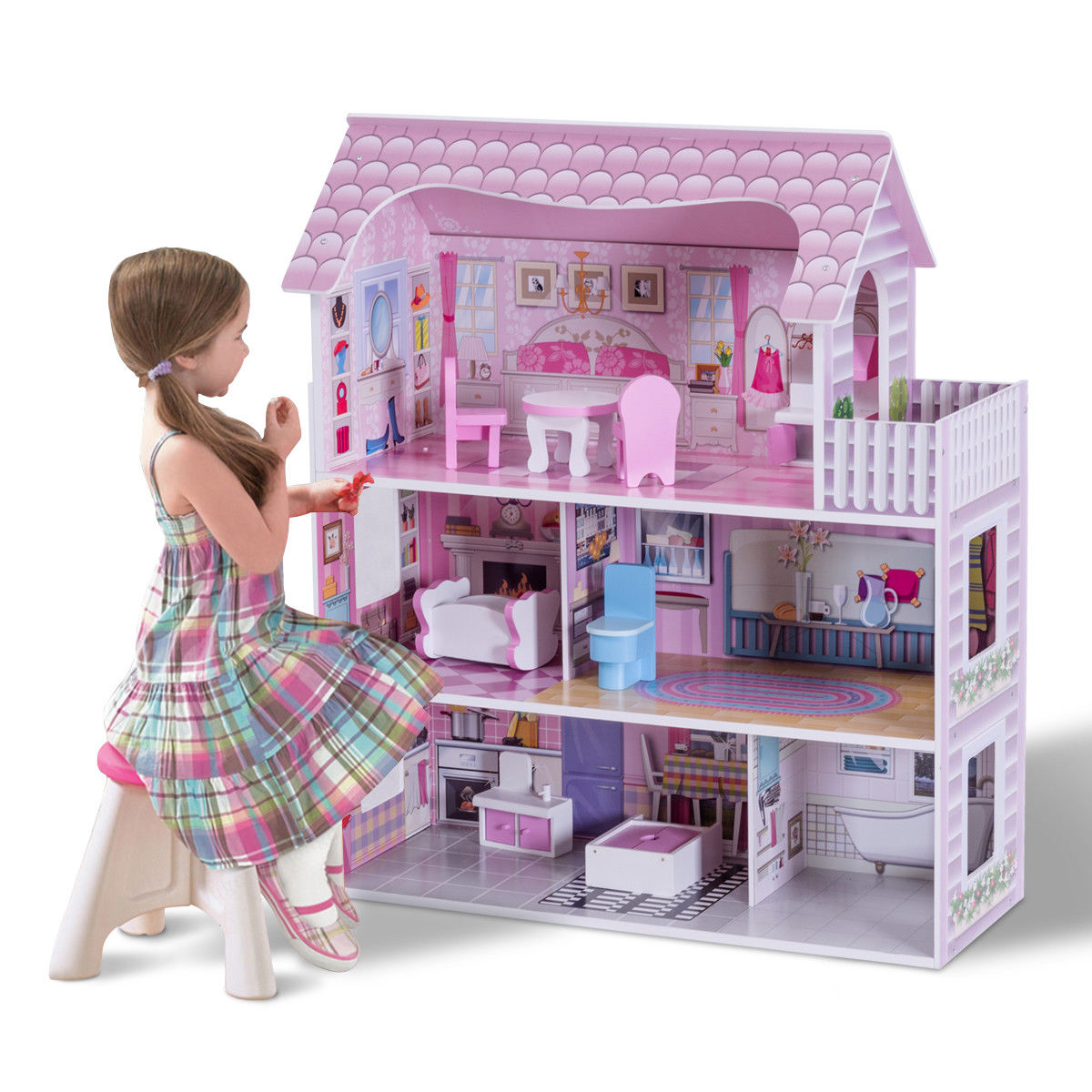 28'' Pink Dollhouse W/ Furniture Gliding Elevator Rooms 3 Levels Young Girls Toy