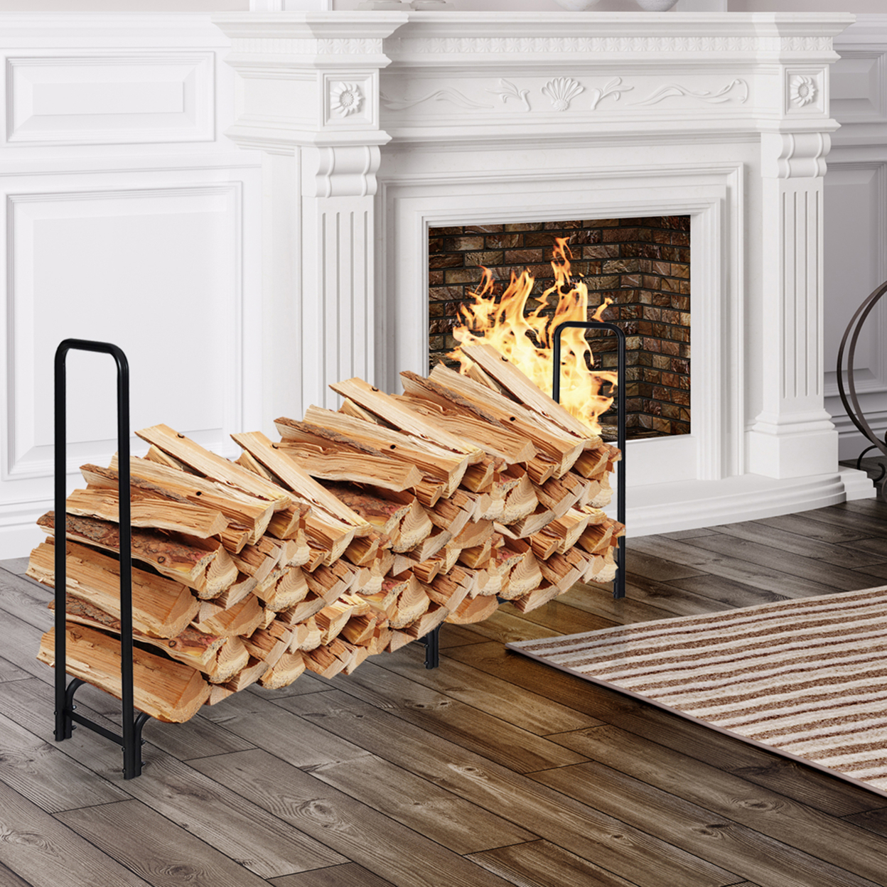 8 Feet Outdoor Steel Firewood Log Rack Wood Storage Holder For Fireplace Black