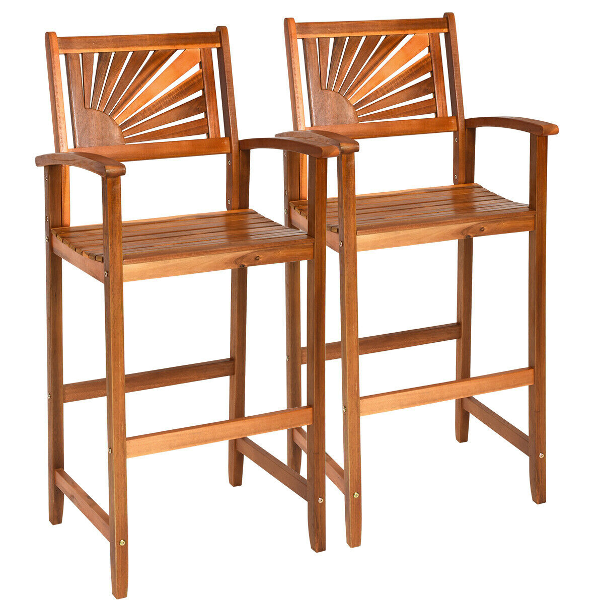 Set Of 2 Acacia Wood Barstools 29'' Bar Chair W/ Sector Backrest & Slatted Seat