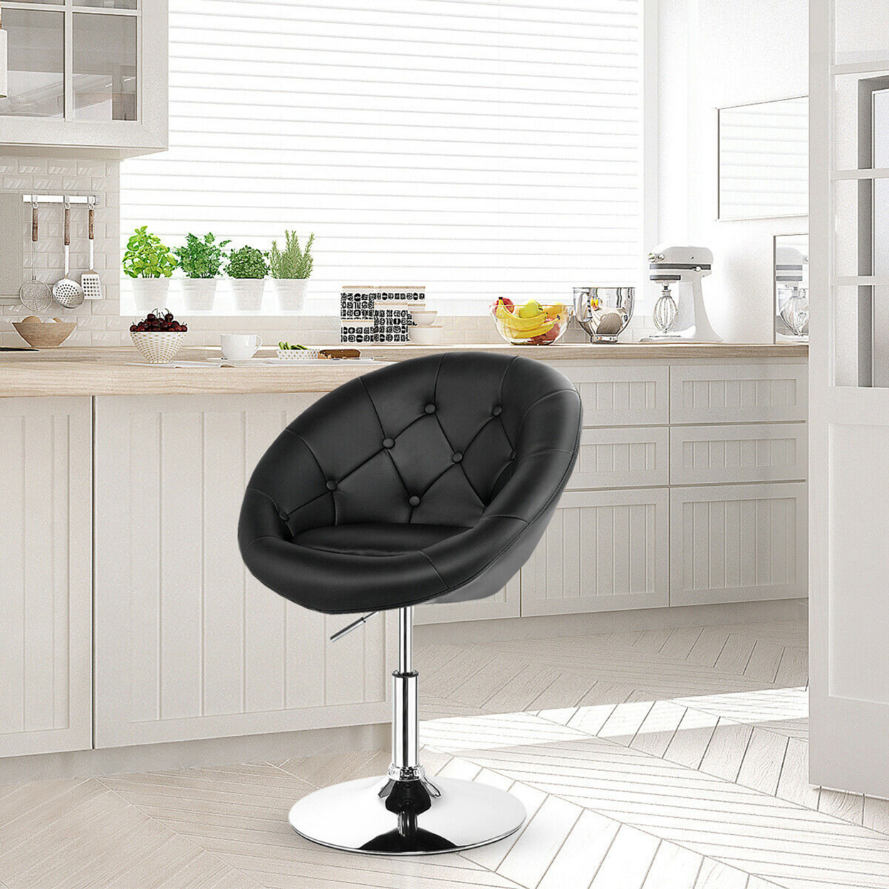 PU Leather Adjustable Modern Chair Swivel Round Tufted Back Black