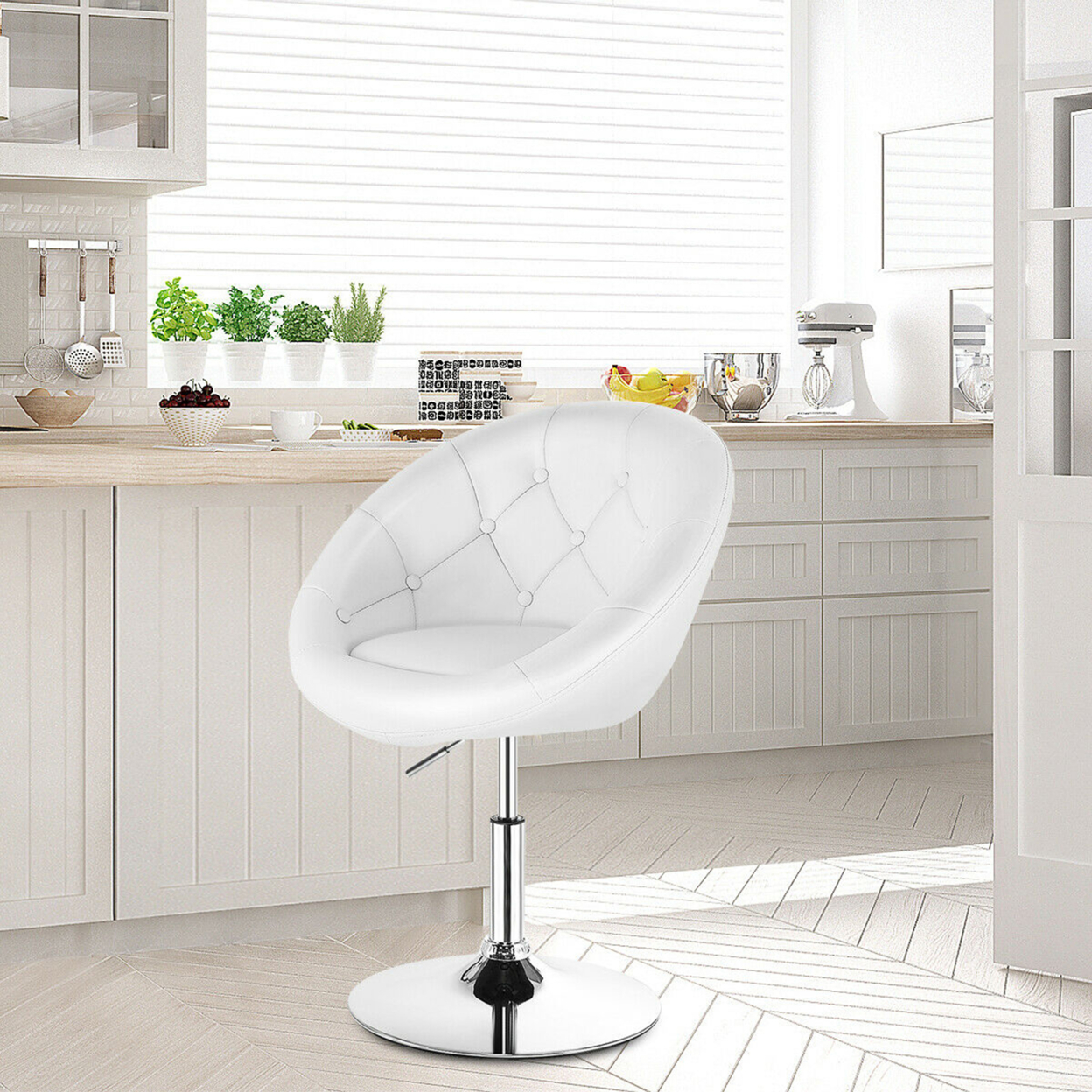 PU Leather Adjustable Modern Chair Swivel Round Tufted Back White