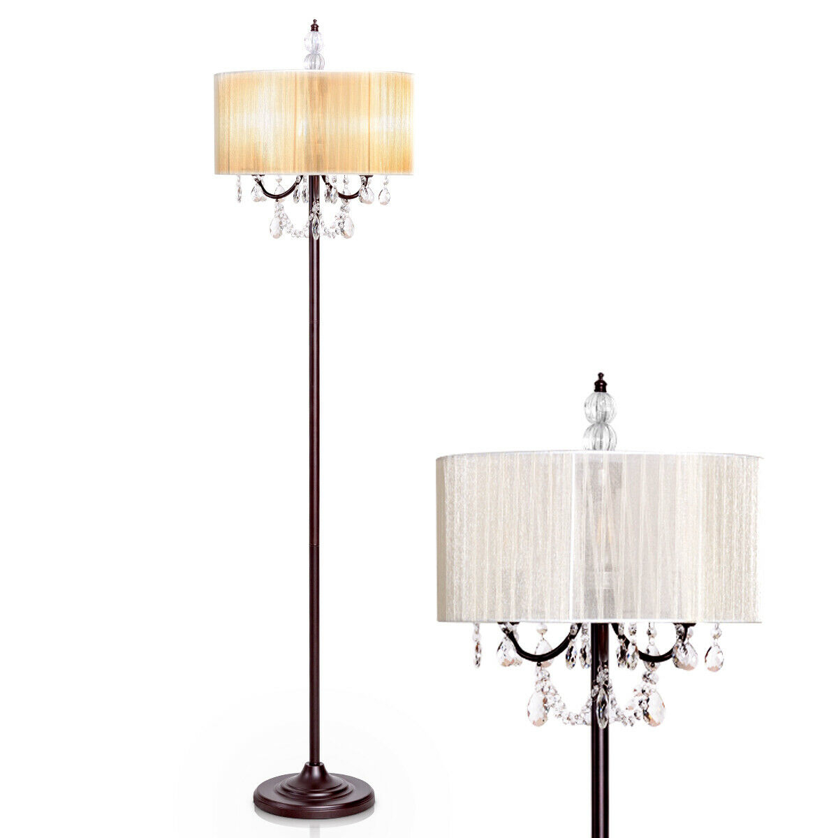 Elegant Design Sheer Shade Floor Lamp Light W/ Hanging Crystals LED Bulbs