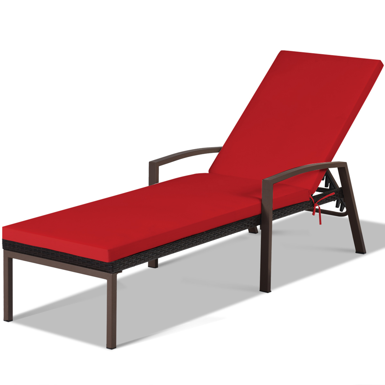 Adjustable Rattan Chaise Recliner Lounge Chair Patio Outdoor W/ Red Cushion