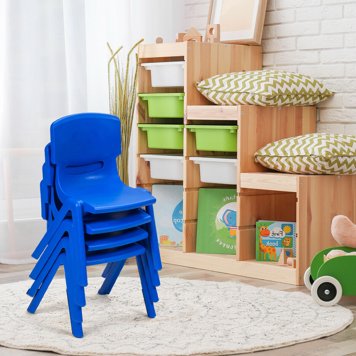 4-pack Kids Plastic Stackable Classroom Chairs Indoor/Outdoor Kindergarten Blue