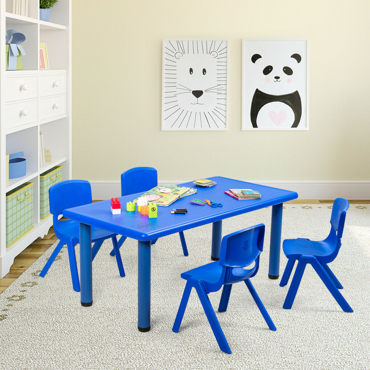 Kids Plastic Table And Stackable Chairs Set Indoor/Outdoor Home Classroom Blue