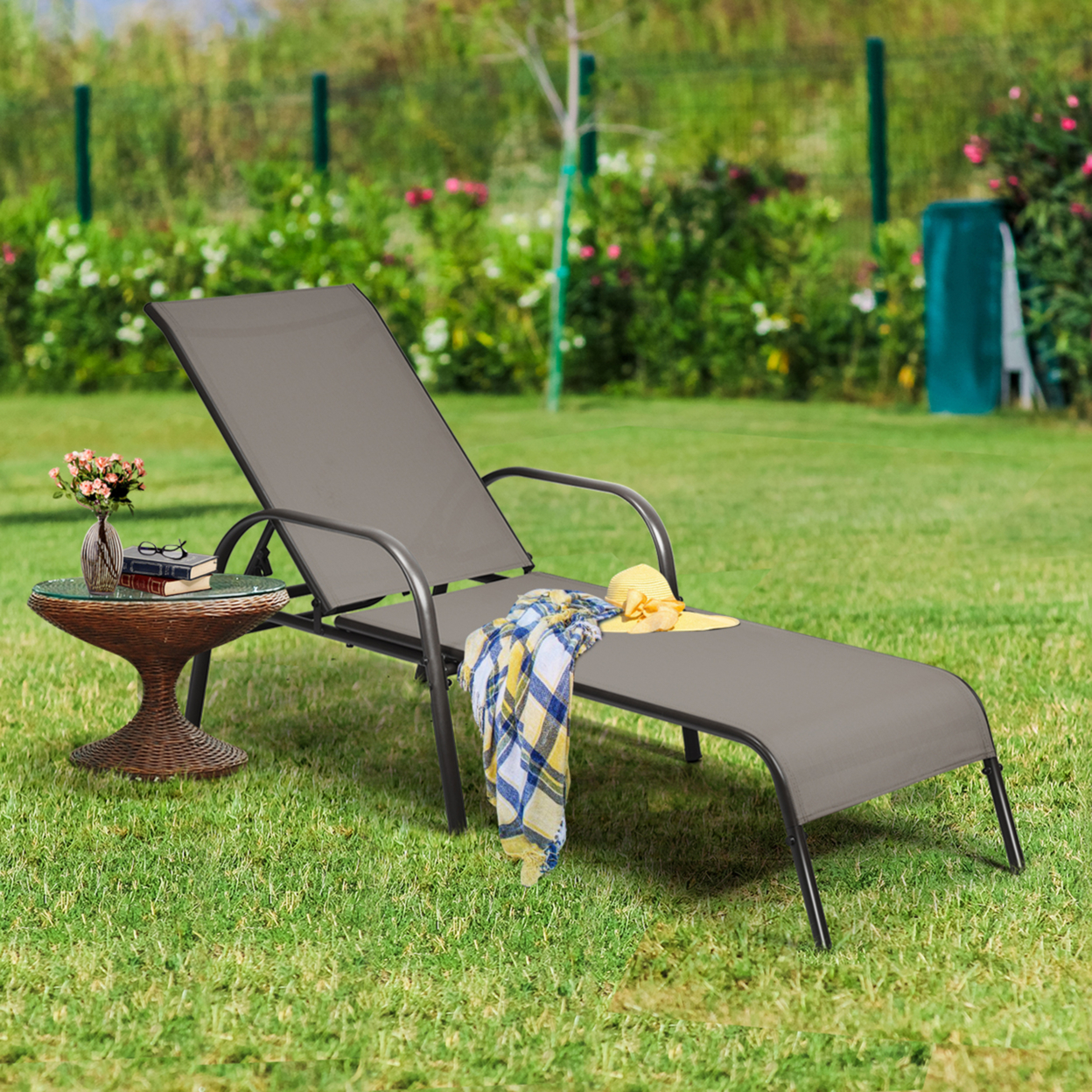 Adjustable Chaise Lounge Chair Recliner Patio Yard Outdoor W/ Armrest Brown