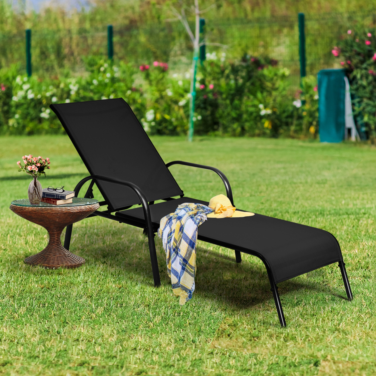 Adjustable Chaise Lounge Chair Recliner Patio Yard Outdoor W/ Armrest Black