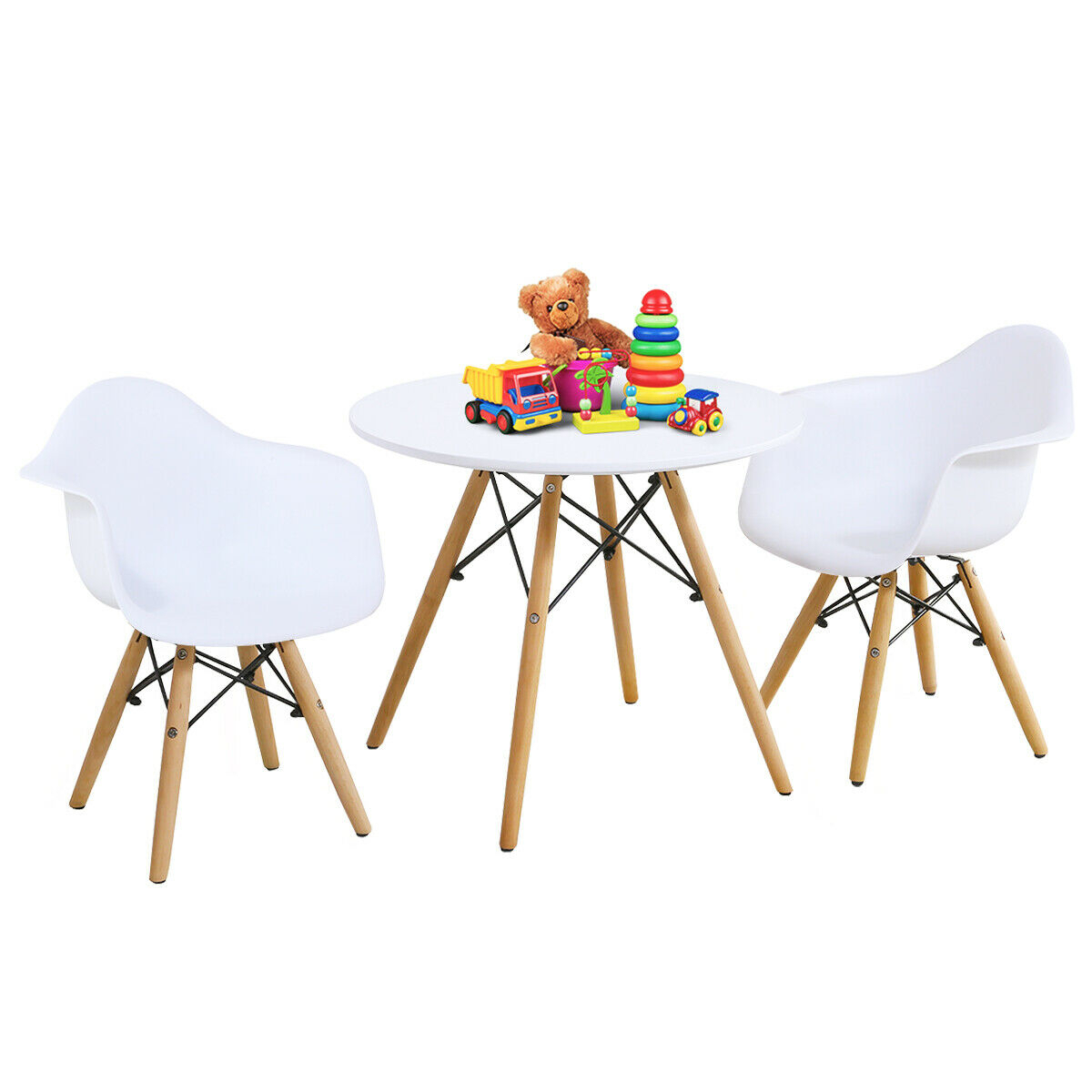 3 Piece Kids Round Table Chair Set With 2 Arm Chairs White