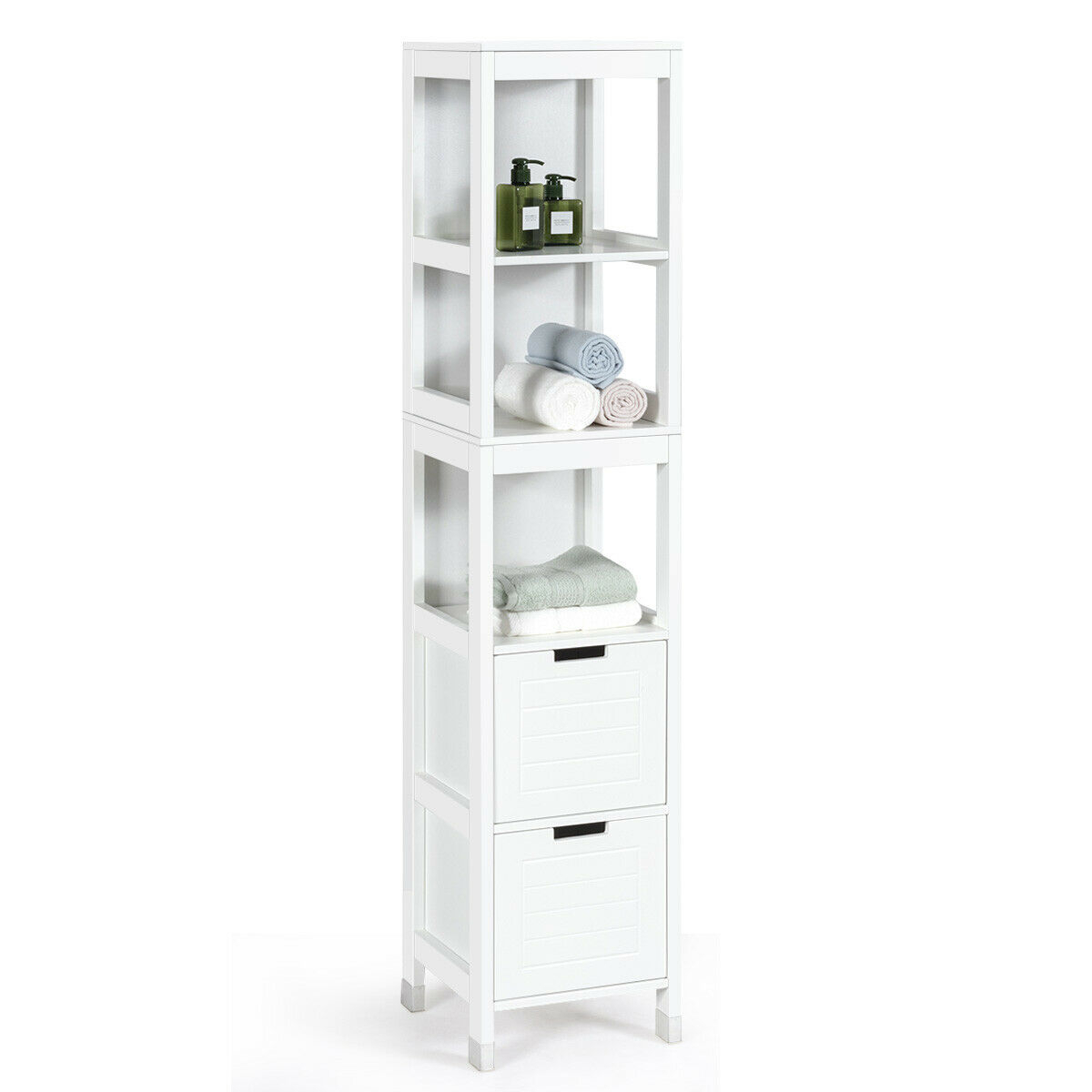 Bathroom Floor Cabinet Multifunctional Storage Organizer 5Tier Shelves&2 Drawers