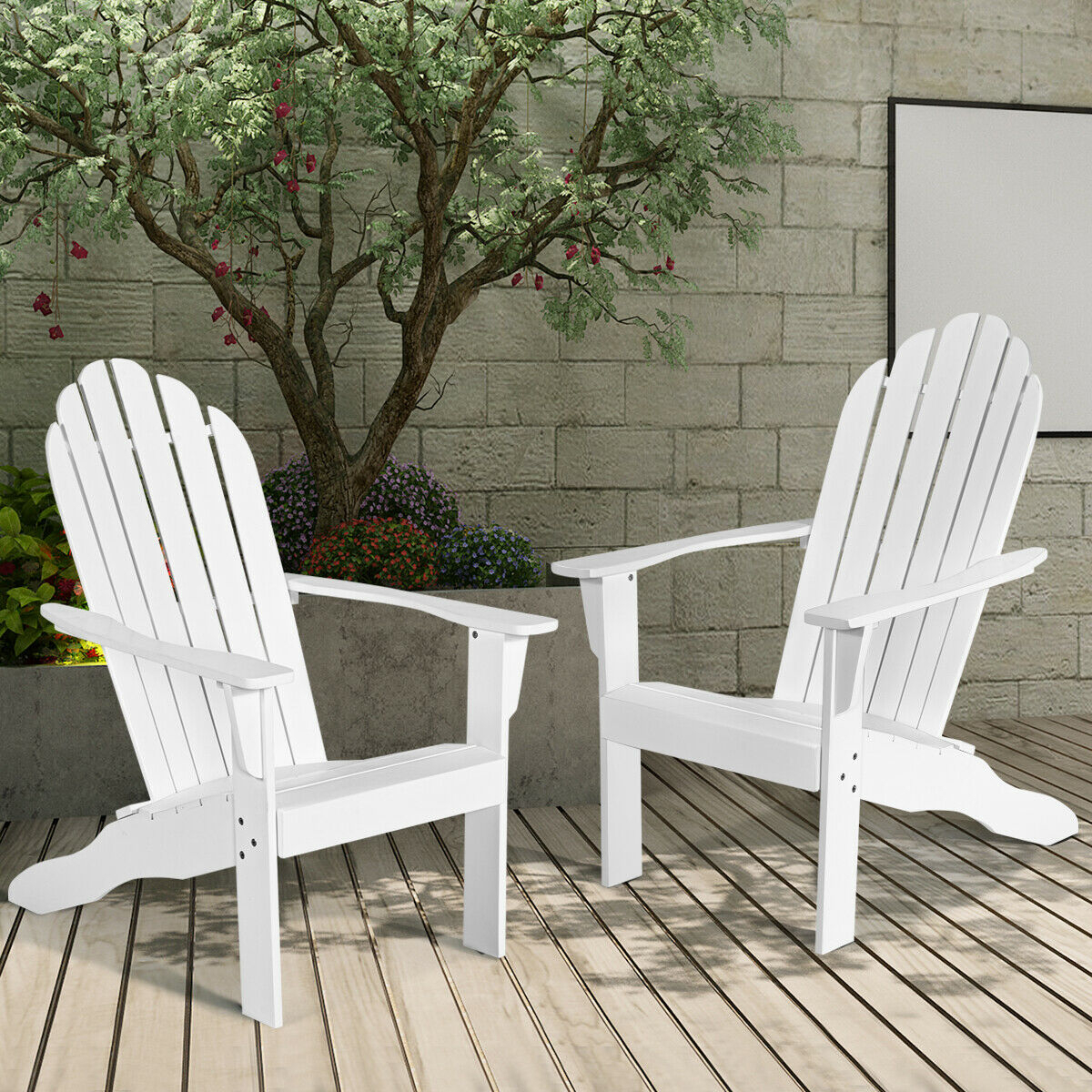 2PCS Wooden Classic Adirondack Chair Lounge Chair Outdoor Patio White