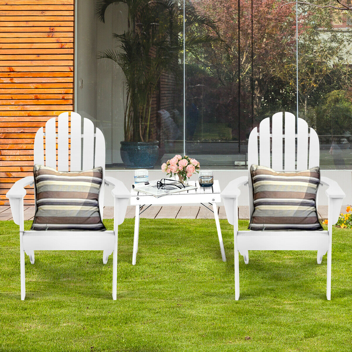 2PCS Wooden Classic Adirondack Chair Lounge Chair Outdoor Patio White