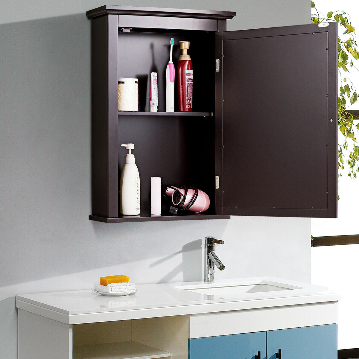 Bathroom Mirror Cabinet Wall Mounted Medicine Storage Adjustable Shelf Brown