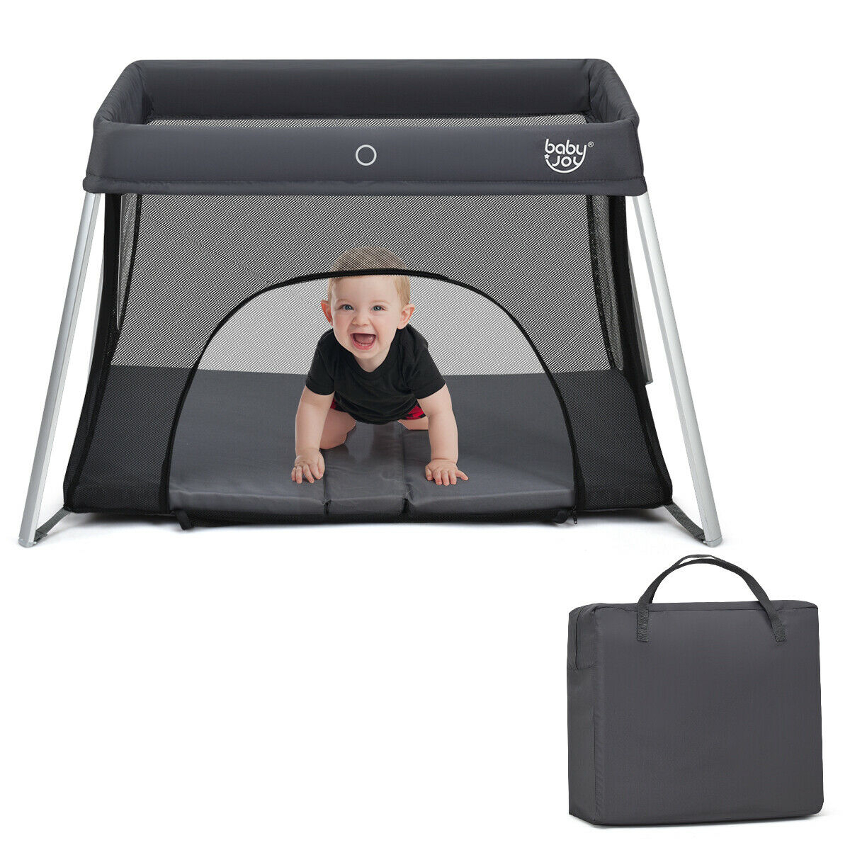 Foldable Baby Playpen Playard Lightweight Crib W/ Carry Bag For Infant Dark Gray